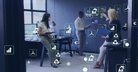 Team reviewing sustainability metrics in modern office with energy and recycling icons