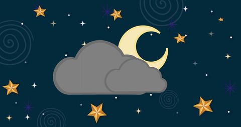 Celestial nightscape with clouds, stars, and crescent moon