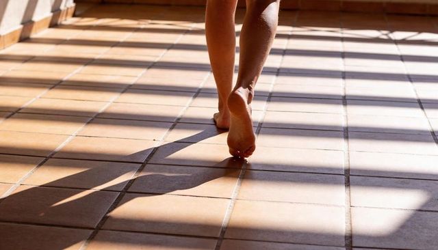 Bare feet walking across sunlit terracotta tiles casting bold geometric shadows