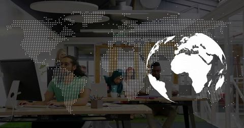Global collaboration hub showing diverse team working under world map and globe overlay