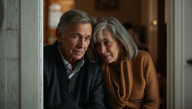 Senior couple sharing quiet moment in doorway embracing warmth and companionship