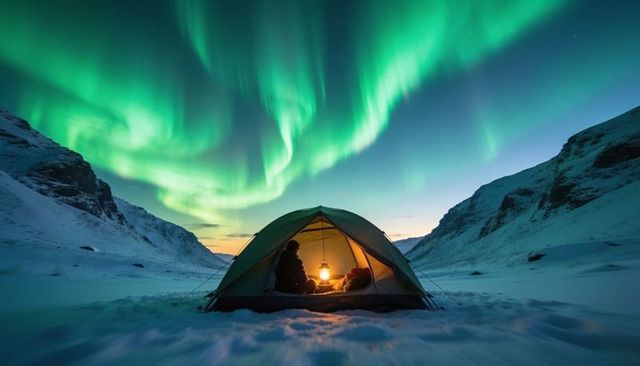 Camper watching northern lights from tent on snowy valley with lantern glow