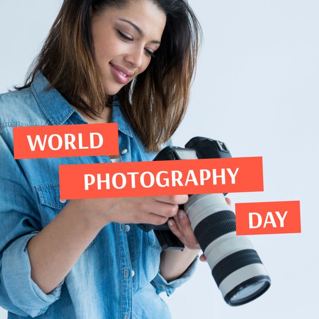 Biracial Woman Celebrating World Photography Day Looking at DSLR Camera - Download Free Stock Templates Pikwizard.com