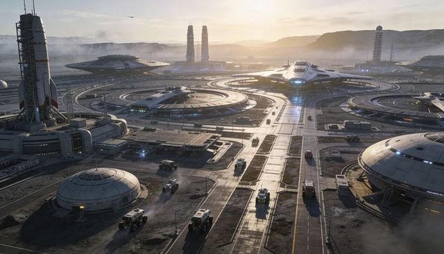 Futuristic orbital spaceport with glowing central starship docking at sunrise