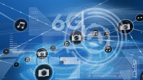 Digital Interface with 6G Technology Symbols and Cityscape Overlay