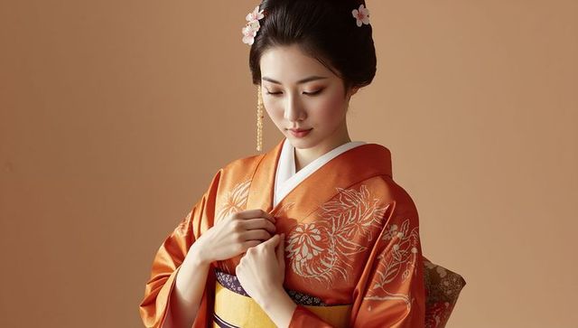 Serene woman adjusting orange kimono collar wearing floral kanzashi and silk obi ensemble