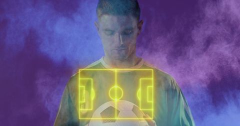 Soccer Player with Futuristic Field Graphic Hologram