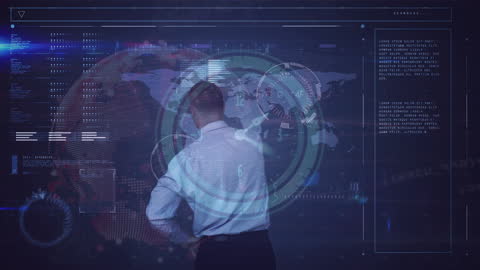 Businessman Analyzing Digital World on Futuristic Screen