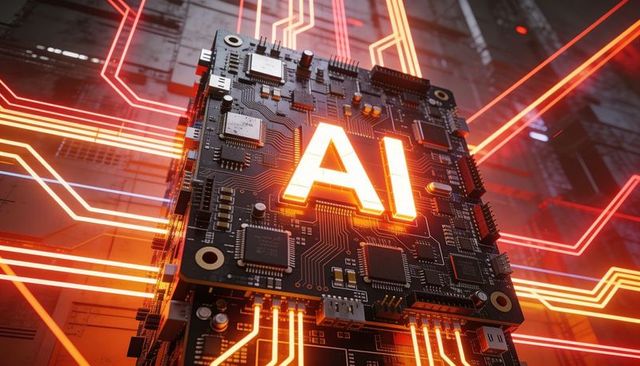 Glowing ai emblem on futuristic circuit board with neon orange traces, high-tech microchip