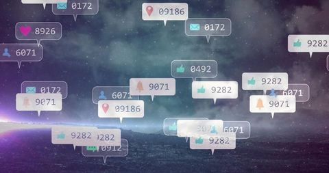 Floating social media notification bubbles glowing above night landscape under starry sky