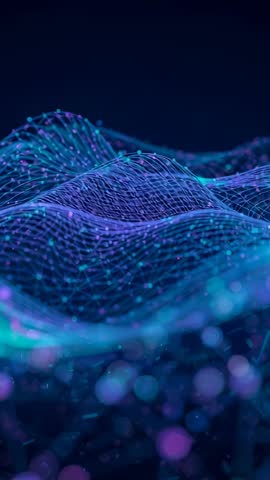 Vertical 3D Mesh Wave with Glowing Nodes and Drifting Particles for Futuristic Tech