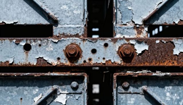 Rusted steel crossbar showing peeling blue paint and corroded hex bolts close-up