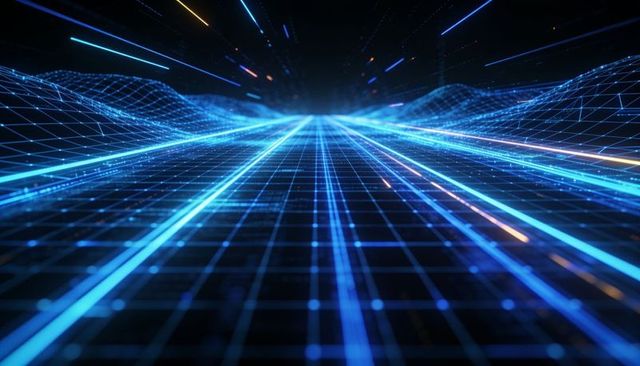 Neon grid data highway guiding digital signals toward futuristic horizon