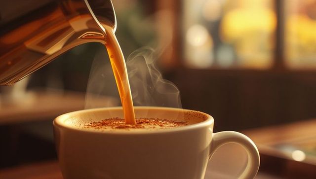 Pouring Hot Coffee into White Mug with Steam in Cozy Kitchen