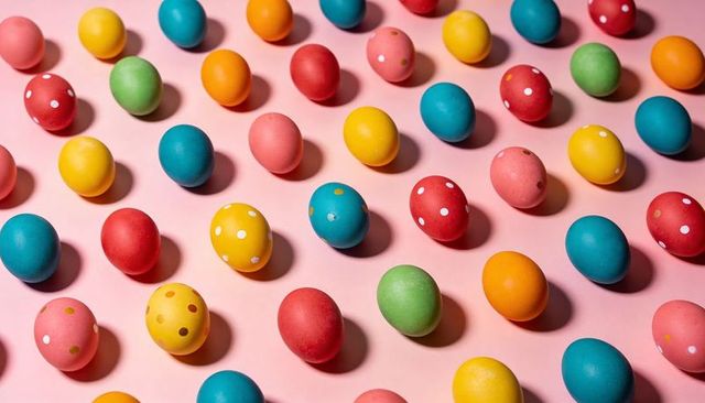 Arranging colorful polka dot easter eggs in diagonal grid on pastel pink surface