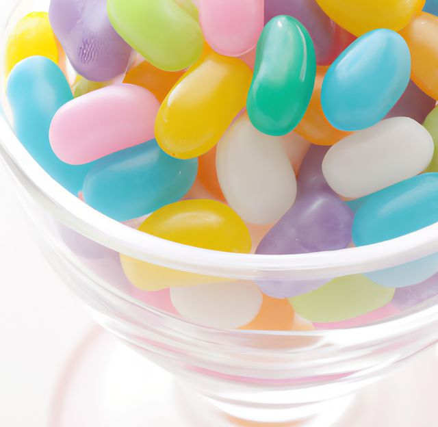 Vibrant assortment of jelly beans in various pastel colors seen in a clear glass bowl. Ideal for use in food blogs, candy shop promotions, children's party invitations, and advertisements for sweets and desserts.