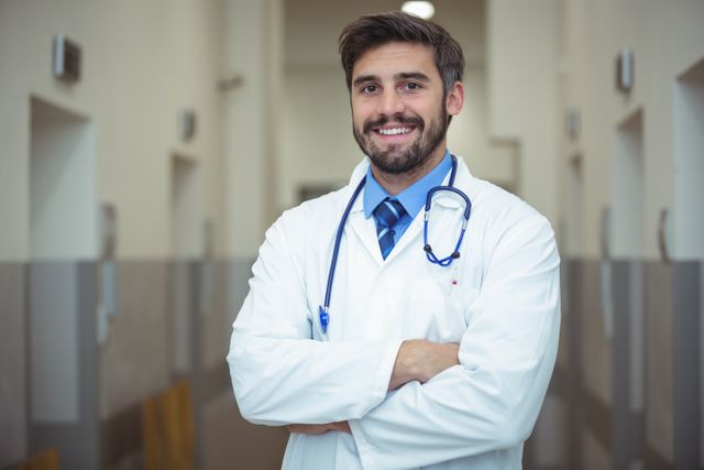 A male doctor is standing in a hospital corridor, smiling confidently with his arms crossed. This image can be used for healthcare-related advertisements, medical websites, hospital brochures, or articles about medical professionals.