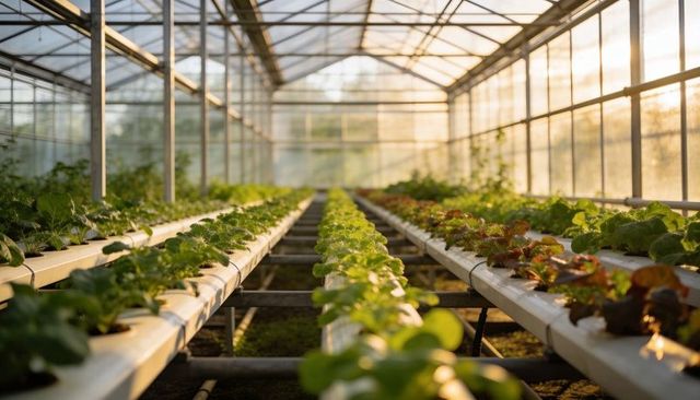 Sunlit hydroponic lettuce rows in urban glasshouse with white troughs and golden-hour glow