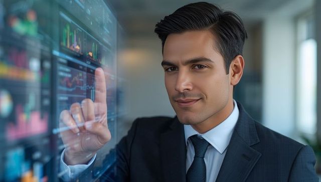 Executive in suit interacting with transparent touchscreen in office