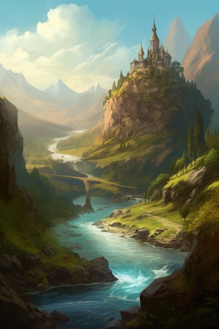 Use this stunning artwork for fantasy novels, game design, travel brochures, or inspirational posters. This image of a majestic castle perched on a hilltop overlooking a serene river in a lush, mountainous landscape perfectly captures a dreamy, magical, and idyllic setting ideal for world-building and storytelling.