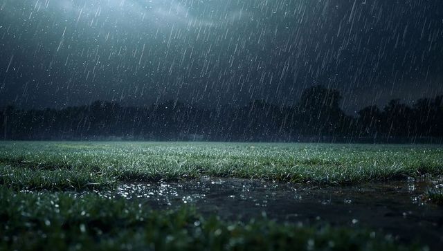 Night rain over wet meadow — misty close-up grass blades, puddles reflecting stormy sky