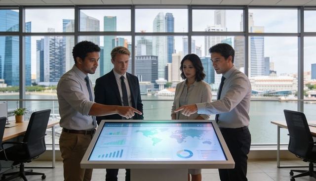 Executive team collaborating over interactive touchscreen world map in waterfront office