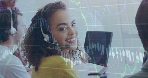 Smiling Customer Service Team with Financial Data Overlay