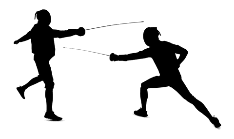 Transparent silhouettes of male fencers