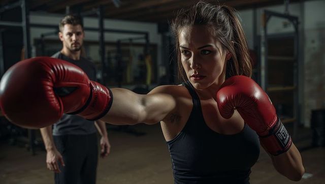 Female boxer punching with red gloves in industrial gym, intense training