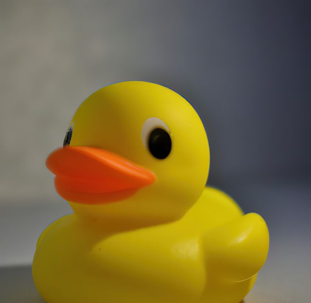 Close up of yellow rubber duck on grey background created using generative ai technology. Toy, material and animals concept, digitally generated image.