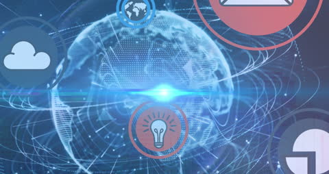 Cityscape with Icons Reflecting Global Connectivity