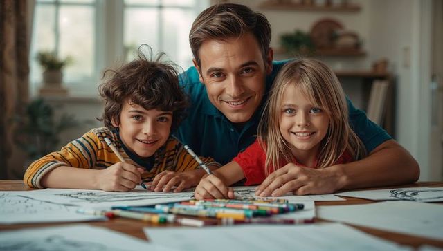 Father and Kids Enjoying Creative Coloring in Cozy Home Interior