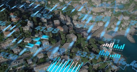 Digital Financial Projections Over Aerial City View