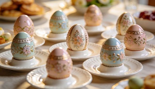 Pastel ornate porcelain eggs arranged on white saucers for elegant easter table display