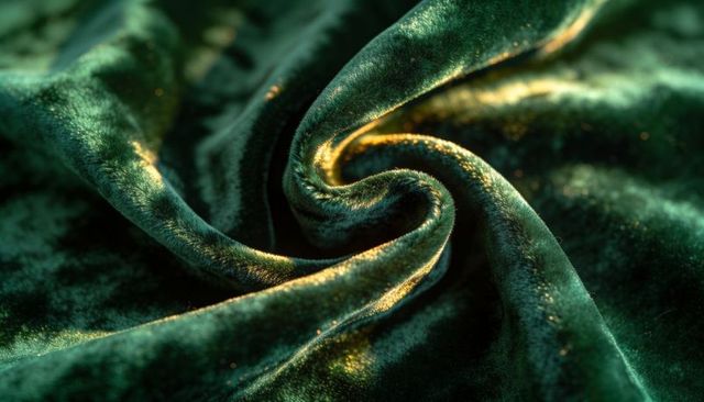 Emerald velvet swirl with gold highlights luxury fabric macro texture background closeup