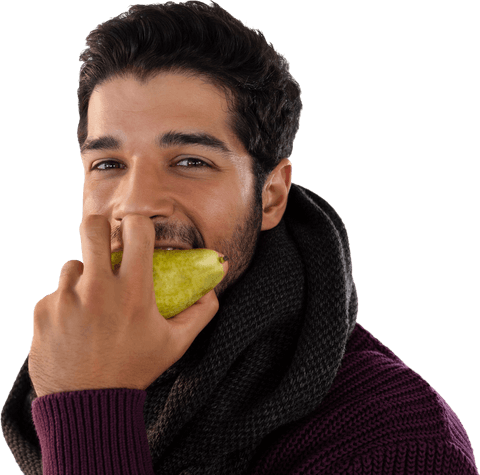 Smiling Man Transporting Freshness Eating Natural Pear Gift of Nature
