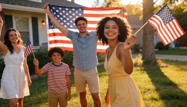 Smiling diverse family celebrating independence day holding american flags in suburban yard