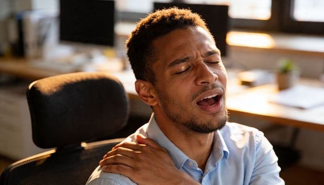 Young man experiencing shoulder pain at office desk holding shoulder and wincing in chair