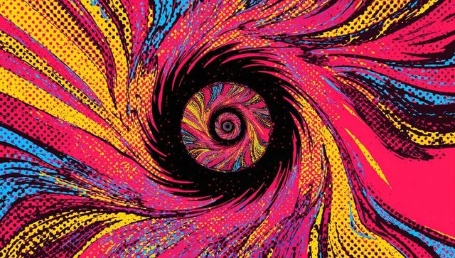 Psychedelic neon spiral vortex swirling halftone burst retro pop art in magenta cyan yellow