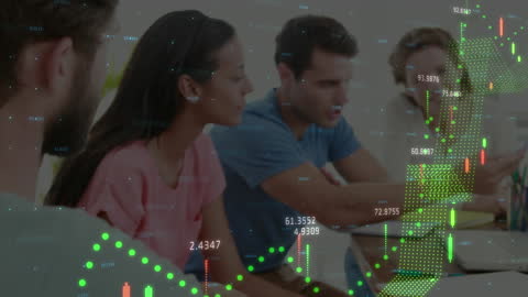 Diverse Team Meeting with Digital Financial Data Animation Overlay