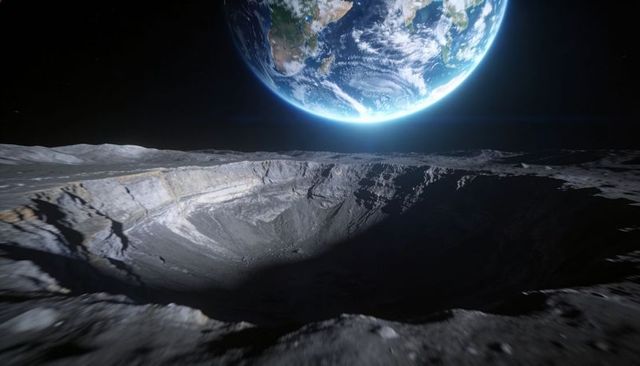 Earth rising over terraced lunar crater with deep shadows, regolith detail and vast horizon