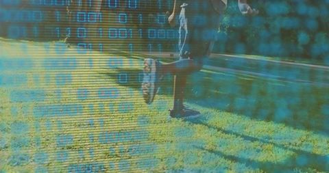Parent swinging child on sunlit lawn with digital binary overlay for technology concept