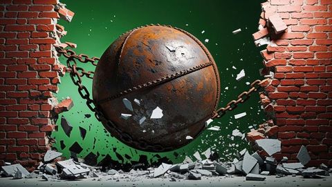 Rusted wrecking ball breaking brick wall with flying debris