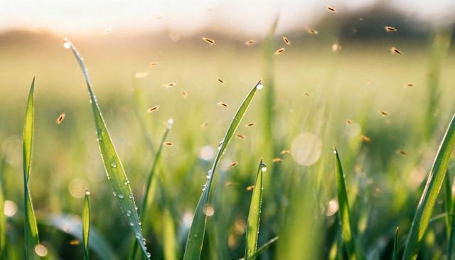 Backlit dewy grass blades catching golden morning light with floating pollen