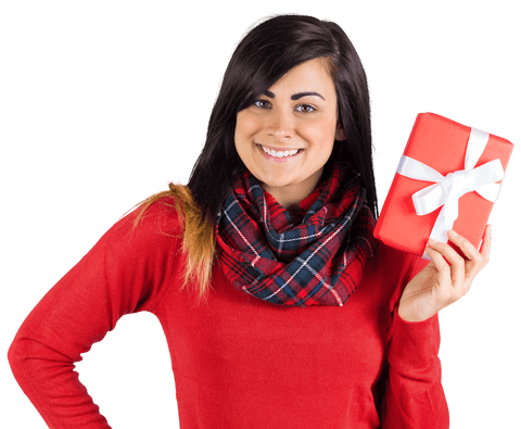 Cheerful woman holding gift with transparent white ribbon - Download Free Stock Videos Pikwizard.com