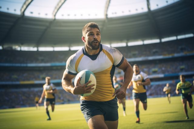 Male rugby player running towards camera holding ball during intense rugby match in large stadium. Ideal for sports promotions, fitness and athleticism themes, competitive team sports advertising, and showcasing dynamic action in rugby.