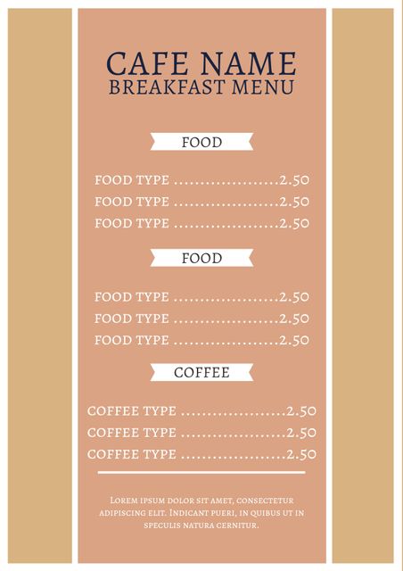 This elegant breakfast menu template features a minimalist and cozy design, perfect for any café or restaurant looking to offer an inviting first meal of the day. It includes options for food items and coffee with ample spacing for customization. Ideal for brunch spots, small eateries, and vintage-themed restaurants. Easily printable and adaptable to suit various café styles.