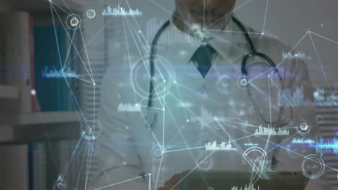Doctor Confidently Using Tablet with Digital Connection Overlay