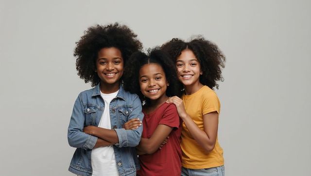 Three smiling teen girls posing shoulder-to-shoulder wearing denim jacket, casual tees