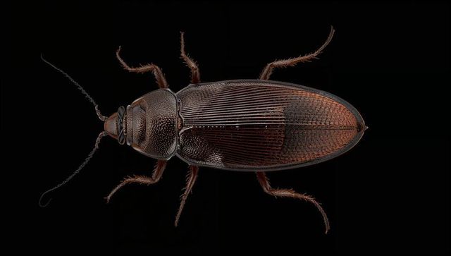 Macro darkling beetle highlighting antennae and legs on black background
